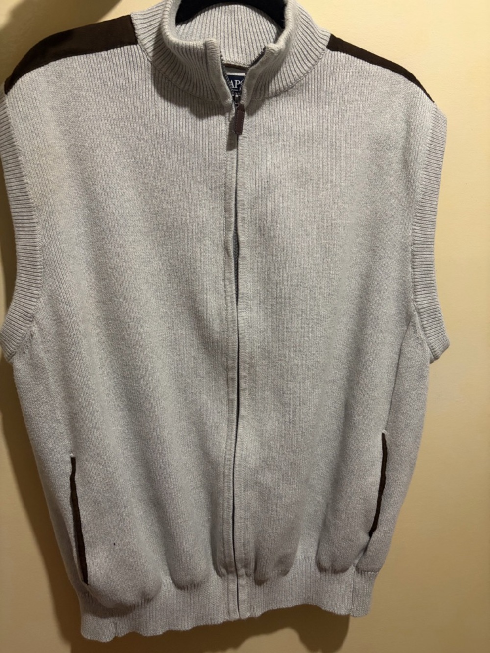 Chaps Light Gray Zip-Up Sweater Vest with Dark Brown Trim